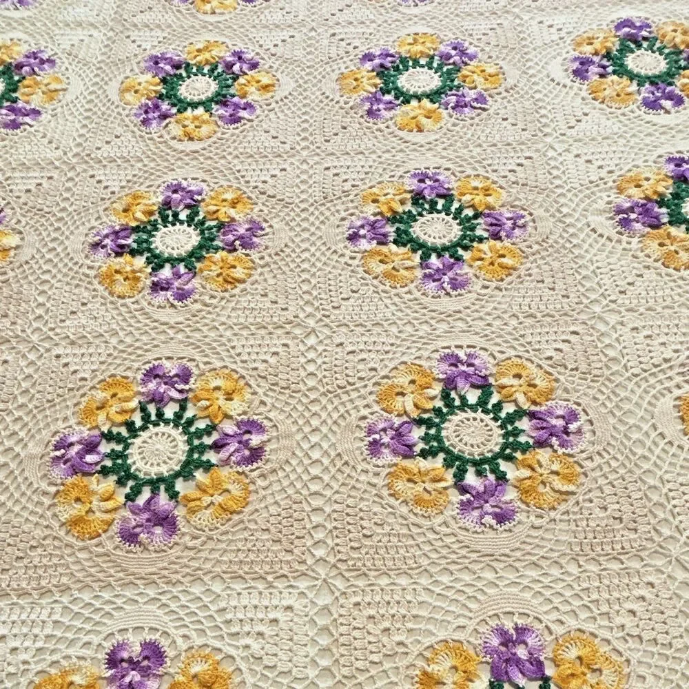 Vint Handmade Crochet Granny Square Bedspread Blanket Floral Purple Gold 82x62